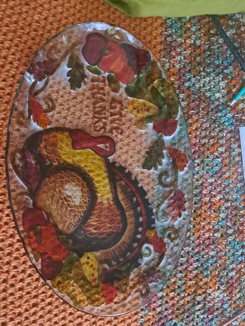 Vintage Decorative Thanksgiving Turkey Glass Platter - Multicolor